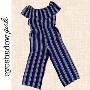 Eyeshadow Girls Navy & White Stripe Jumpsuit Romper Flutter Neckline & Wide Legs